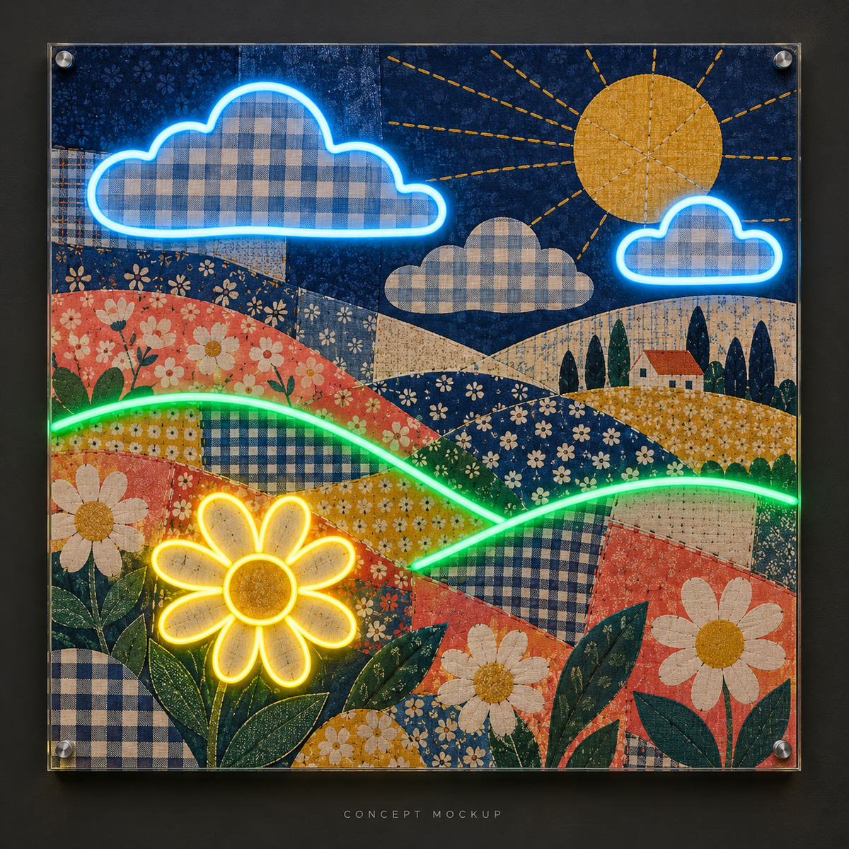 Patchwork Meadow UV-printed LED neon concept with Green / Yellow / Ice Blue accents