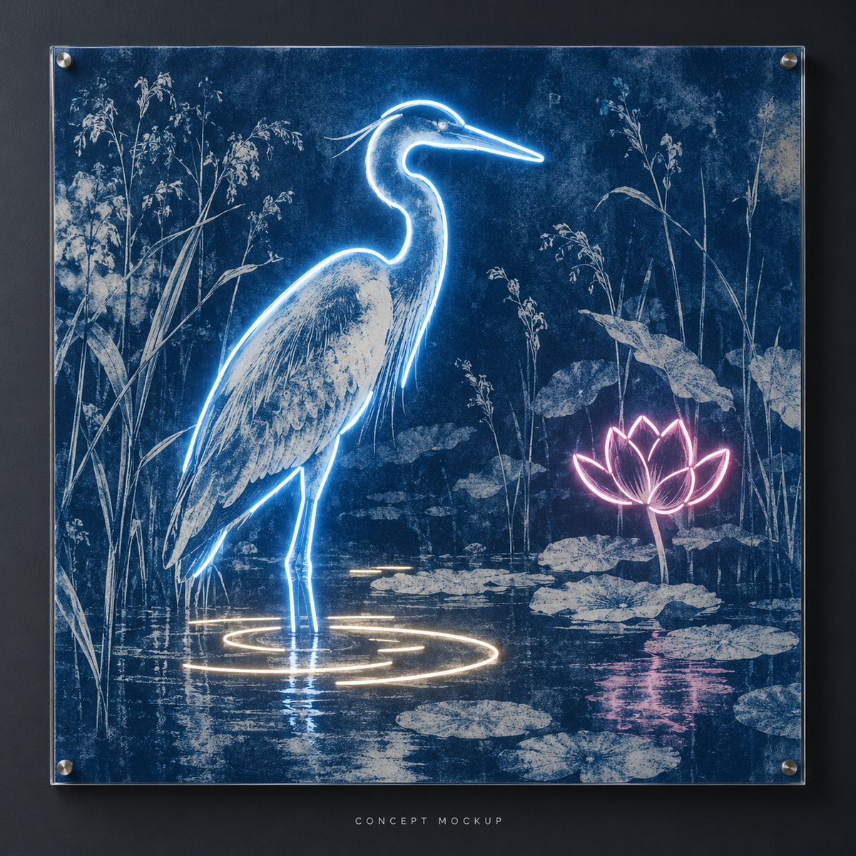 Indigo Heron UV-printed LED neon concept with Ice Blue / Pink / Warm White accents