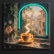 Espresso Window UV-printed LED neon concept with Amber / Teal / Warm White accents