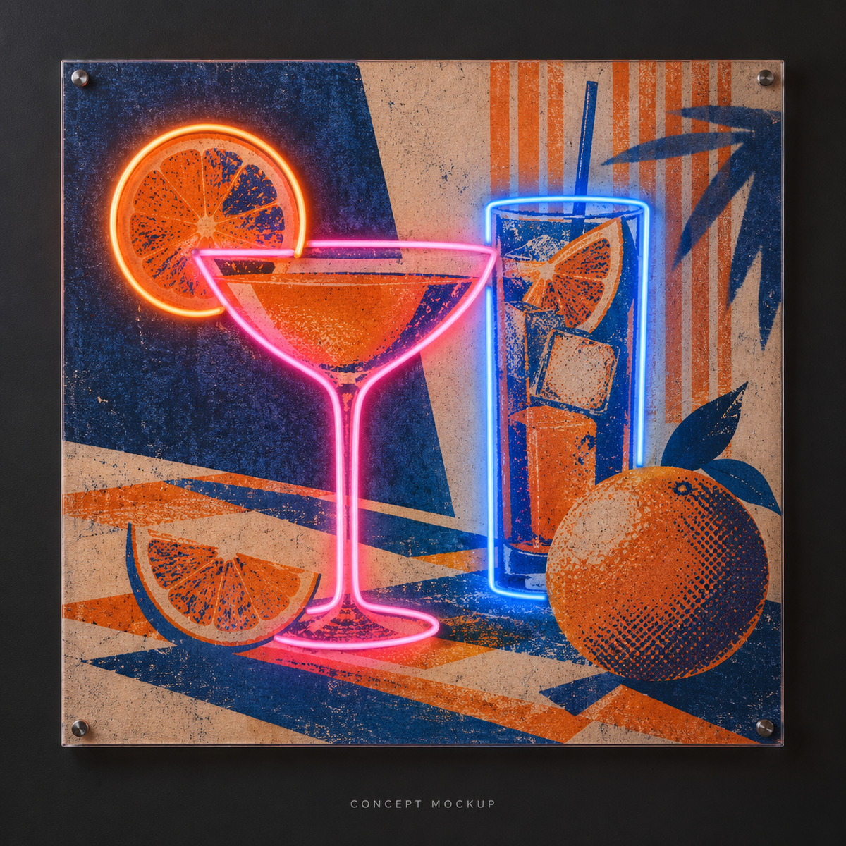 Tangerine Sips UV-printed LED neon concept with Orange / Blue / Pink accents