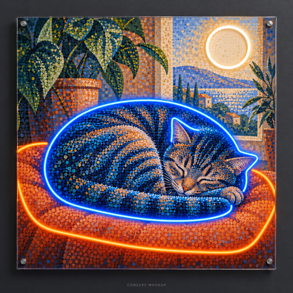 Cobalt Catnap UV-printed LED neon concept with Blue / Orange / Warm White accents