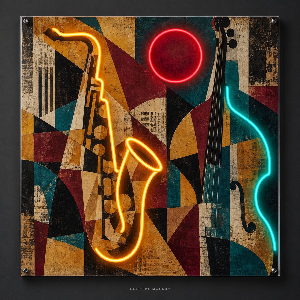 Rhythm in Ochre UV-printed LED neon concept with Amber / Teal / Red accents