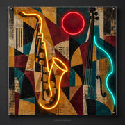 Rhythm in Ochre UV-printed LED neon concept with Amber / Teal / Red accents