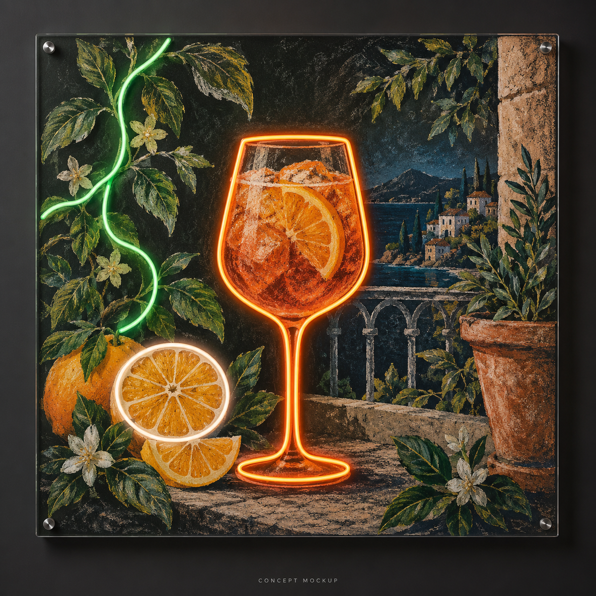 Citrus Terrace UV-printed LED neon concept with Orange / Green / Warm White accents