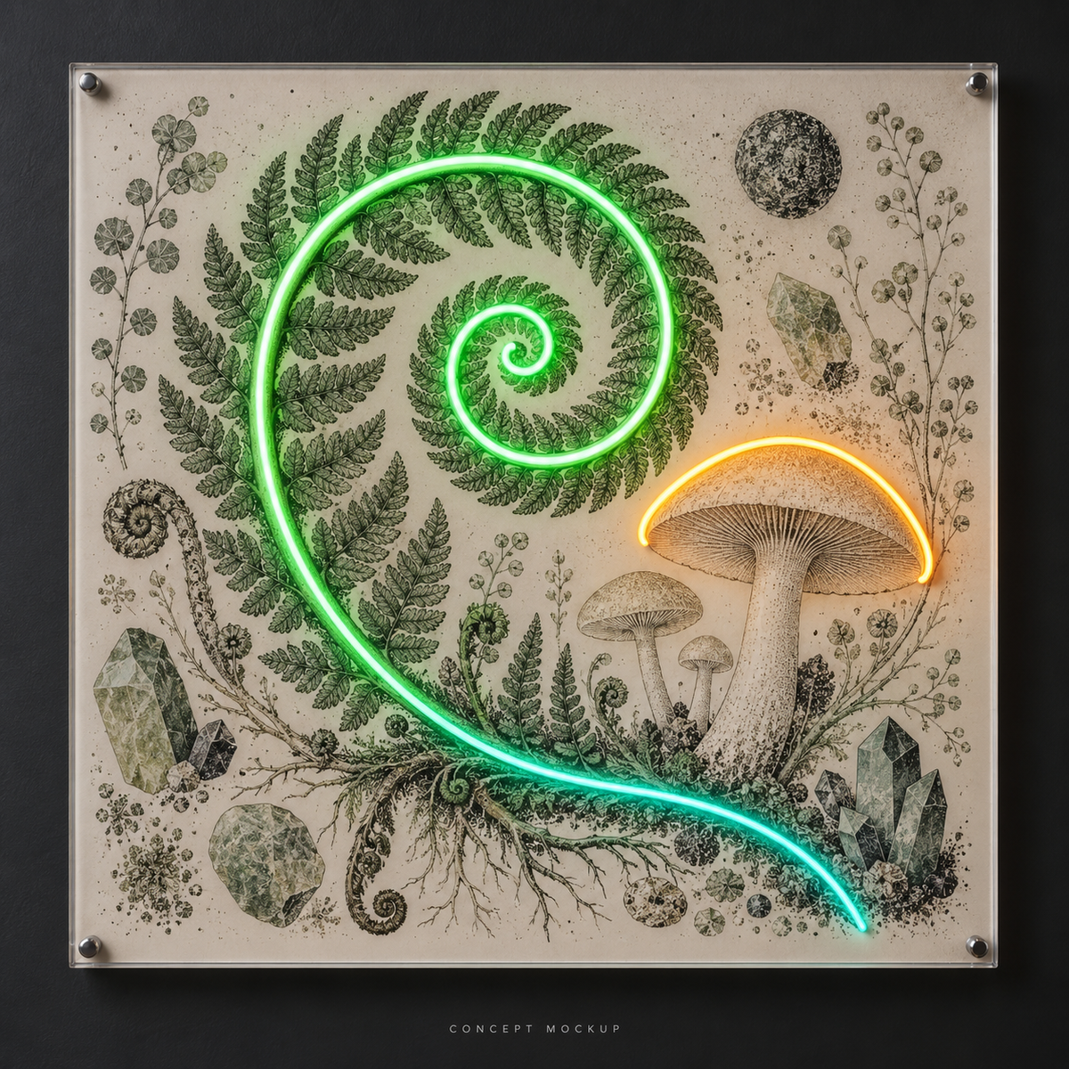 The Jade Fern UV-printed LED neon concept with Green / Amber / Teal accents