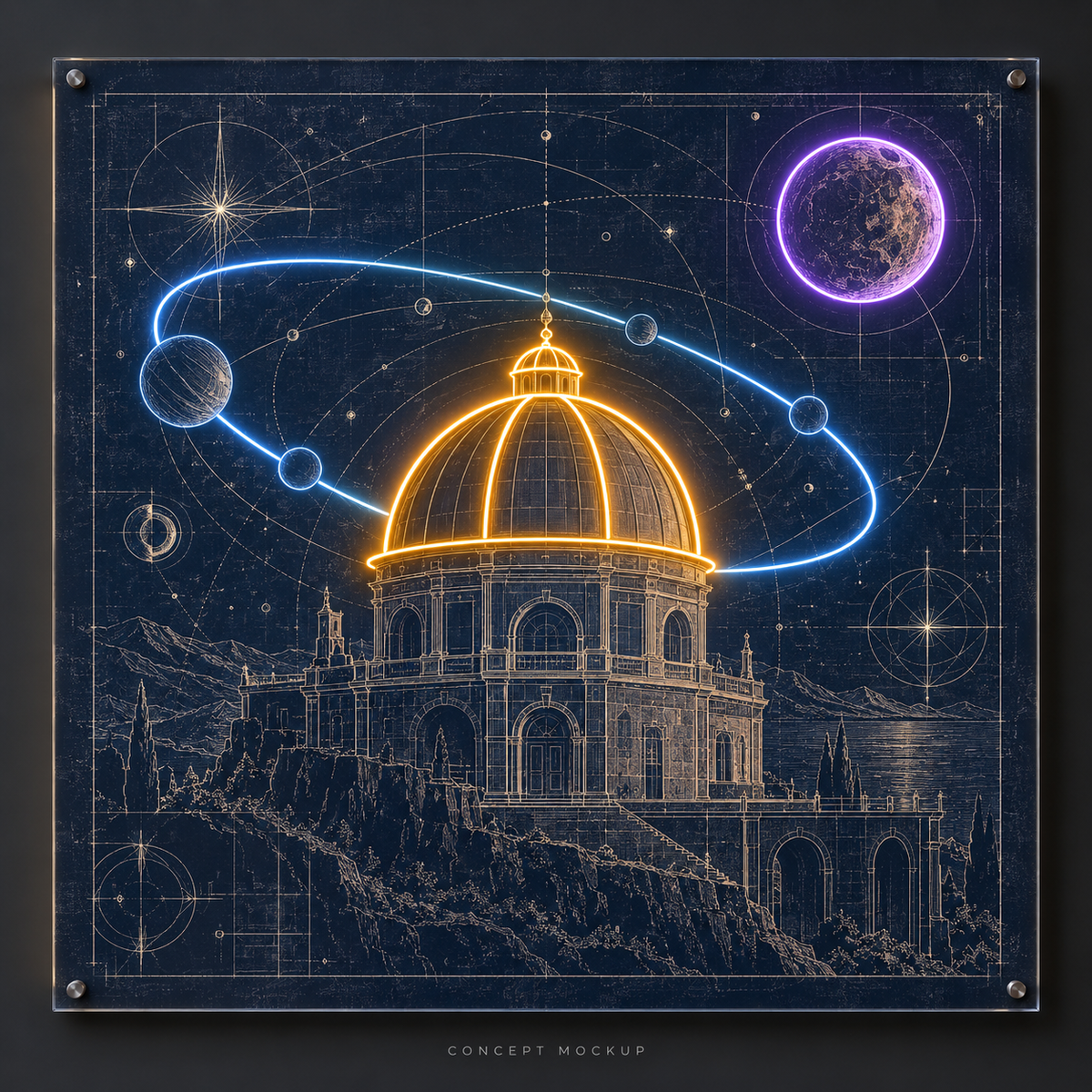 Amber Observatory UV-printed LED neon concept with Amber / Ice Blue / Purple accents