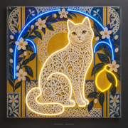 Lemon Lace Cat UV-printed LED neon concept with Warm White / Yellow / Blue accents