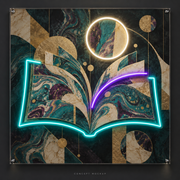 The Marbled Chapter UV-printed LED neon concept with Teal / Purple / Warm White accents