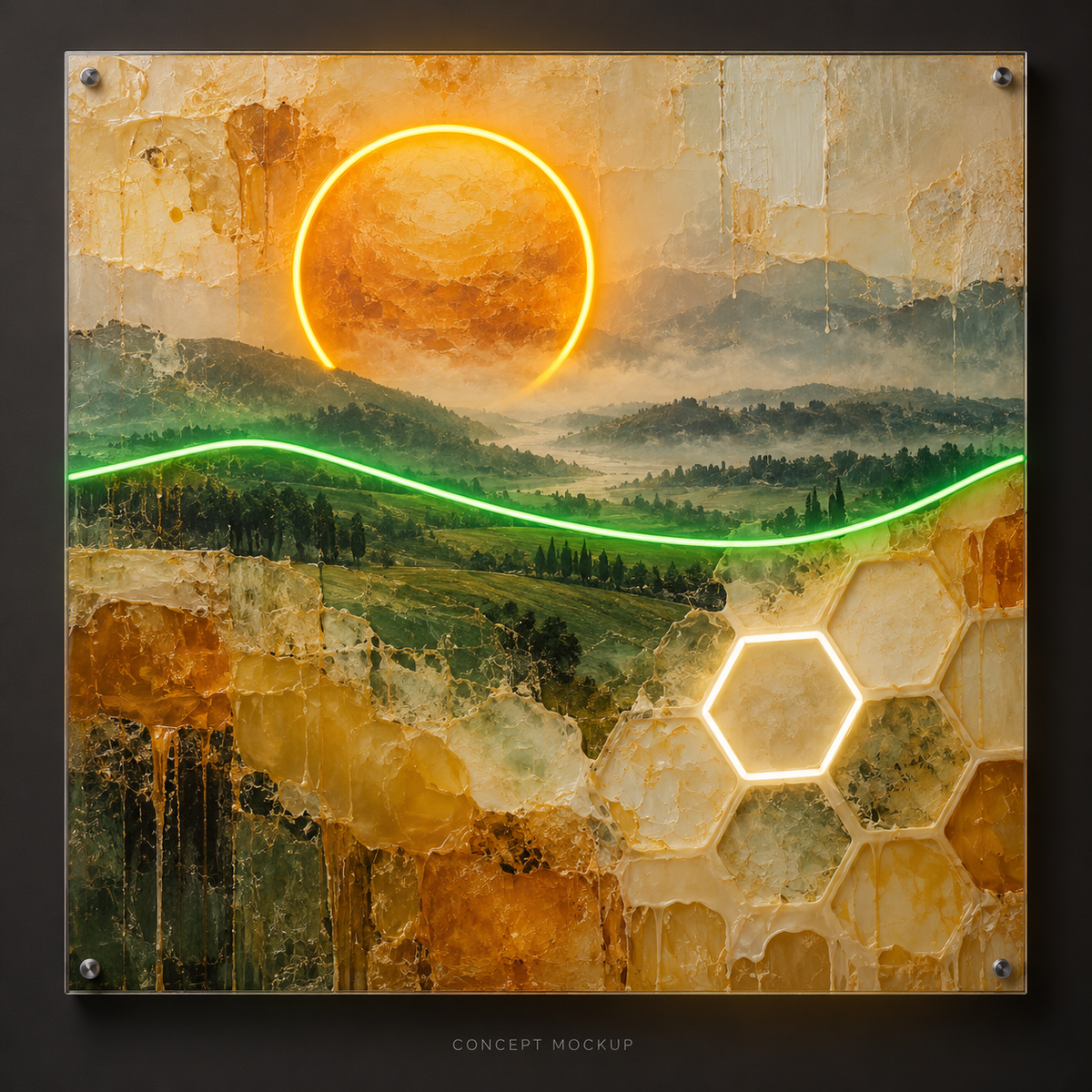Honeycomb Horizon UV-printed LED neon concept with Amber / Green / Warm White accents
