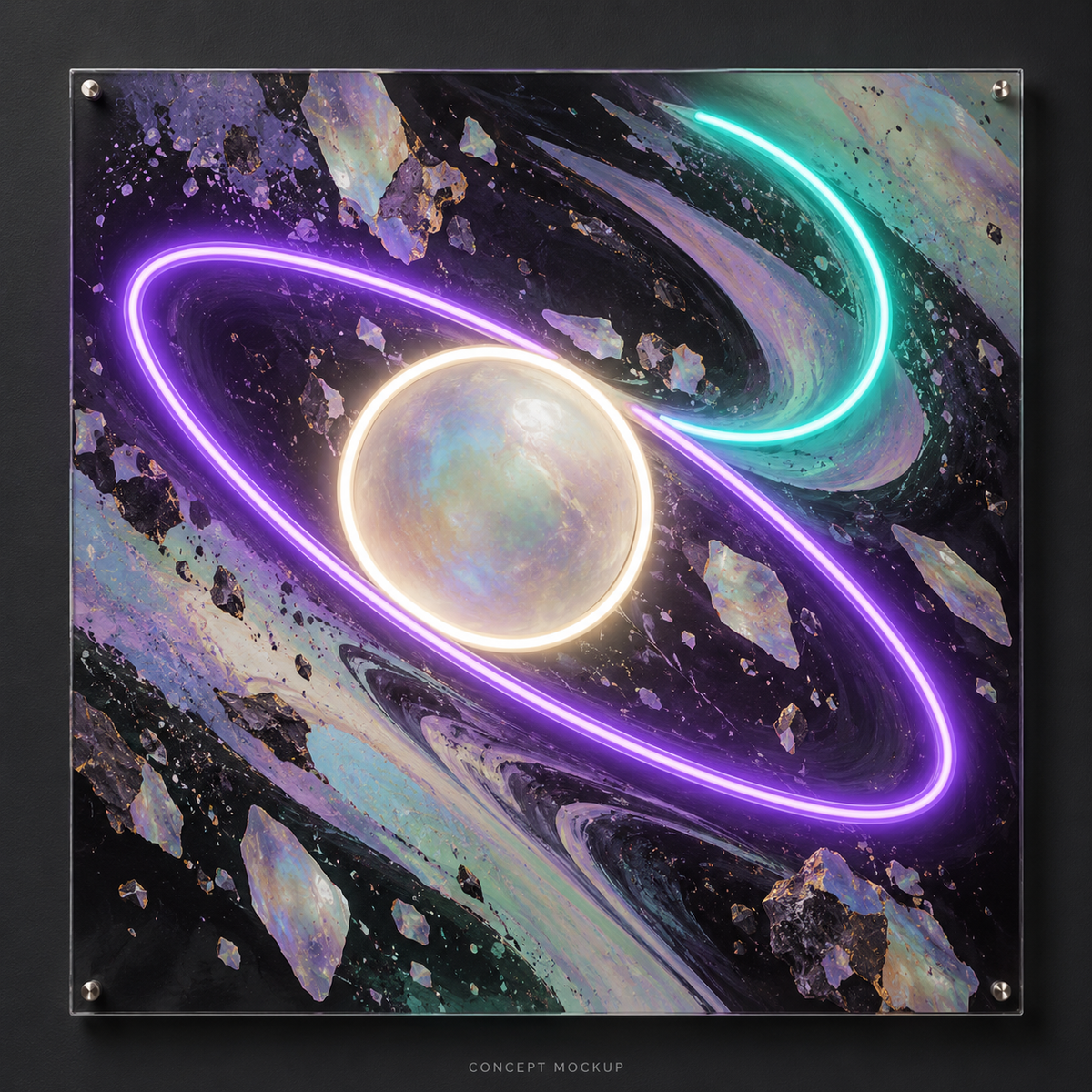 Opal Comet UV-printed LED neon concept with Purple / Teal / Warm White accents