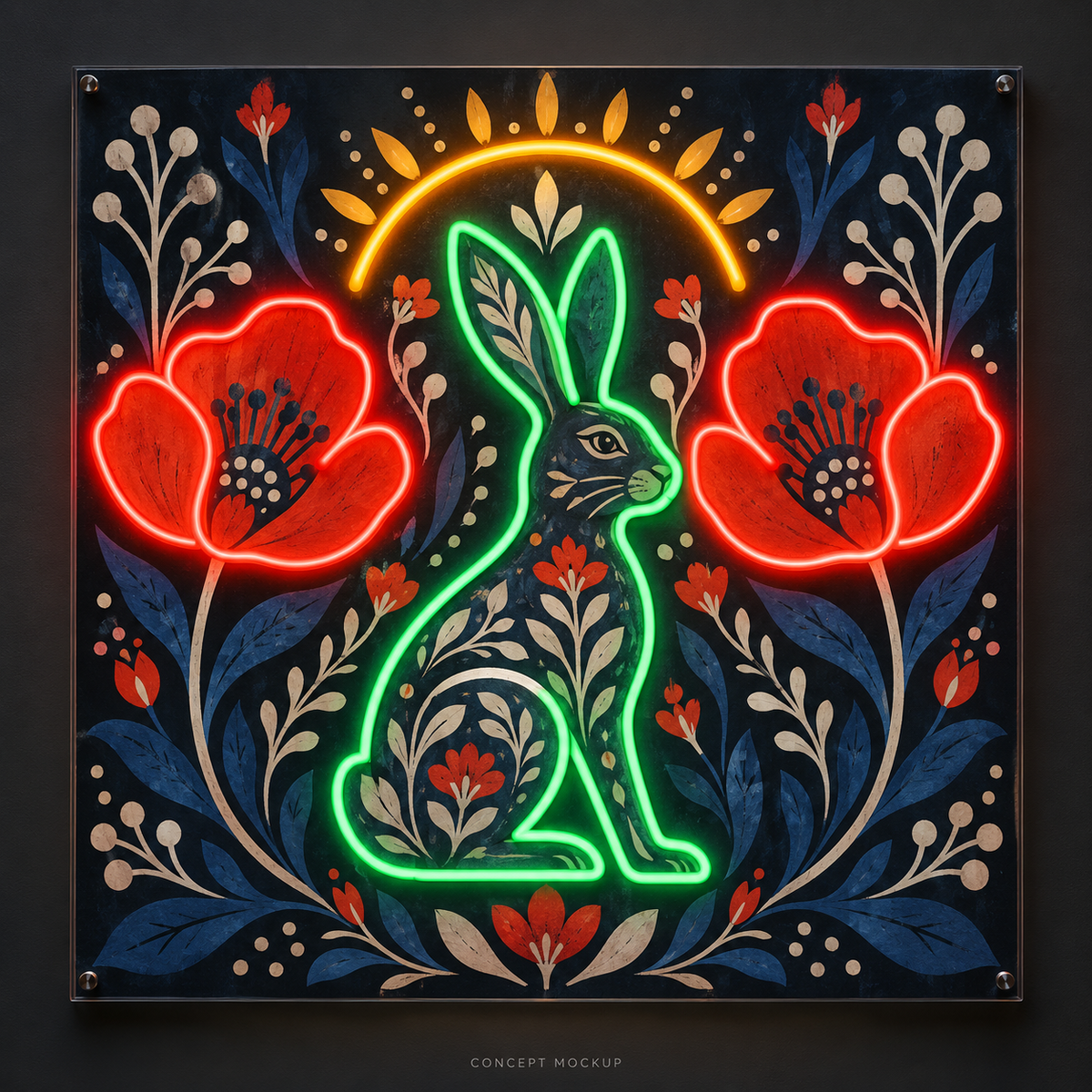 Folk Garden Hare UV-printed LED neon concept with Red / Green / Amber accents