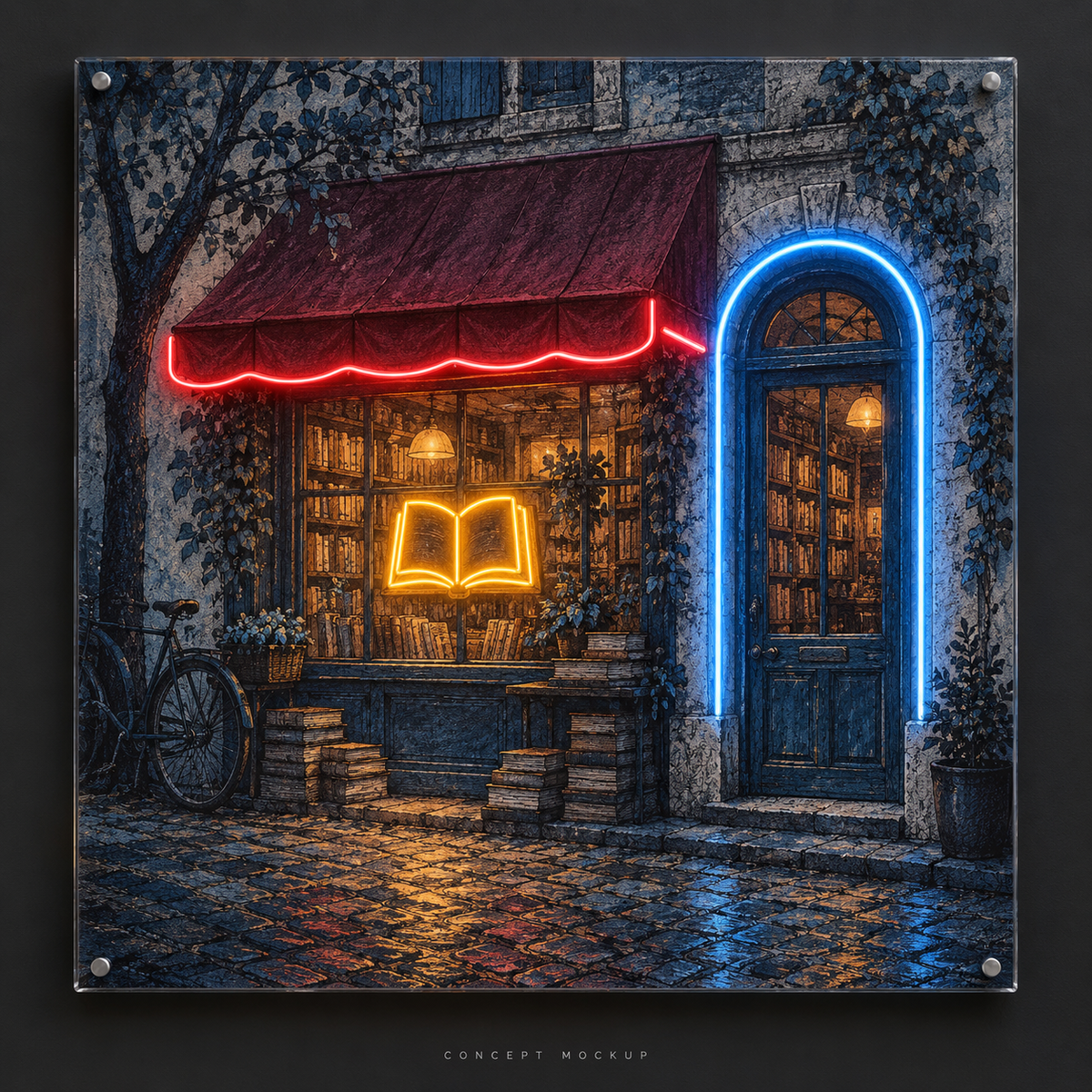 Cerulean Bookshop UV-printed LED neon concept with Ice Blue / Red / Amber accents