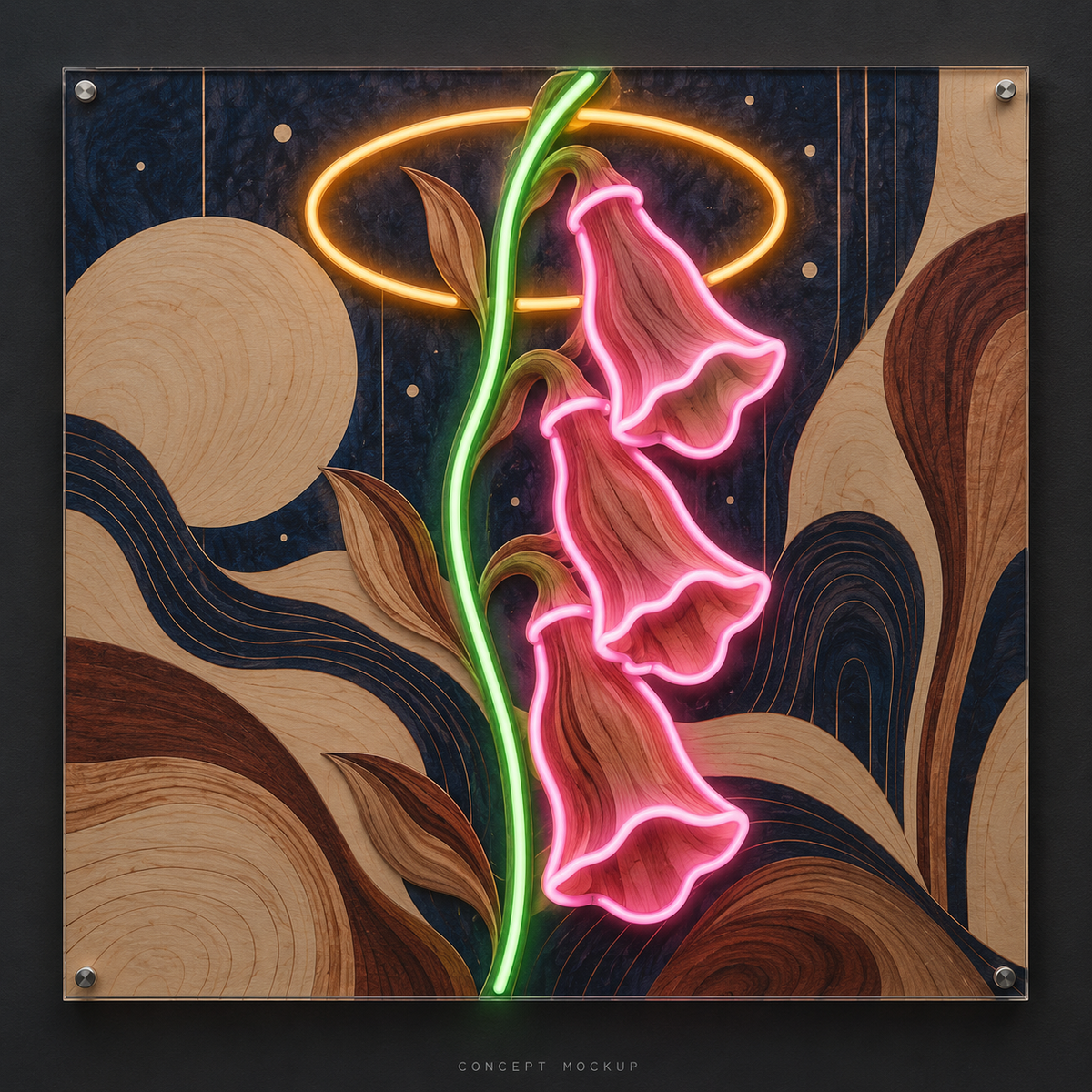 Foxglove Frequency UV-printed LED neon concept with Pink / Green / Amber accents