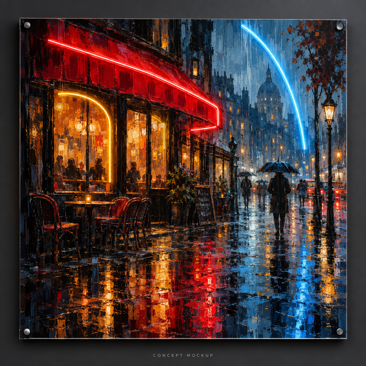Sienna City Rain UV-printed LED neon concept with Red / Amber / Ice Blue accents