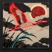 Vermilion Crane UV-printed LED neon concept with Red / Warm White / Teal accents