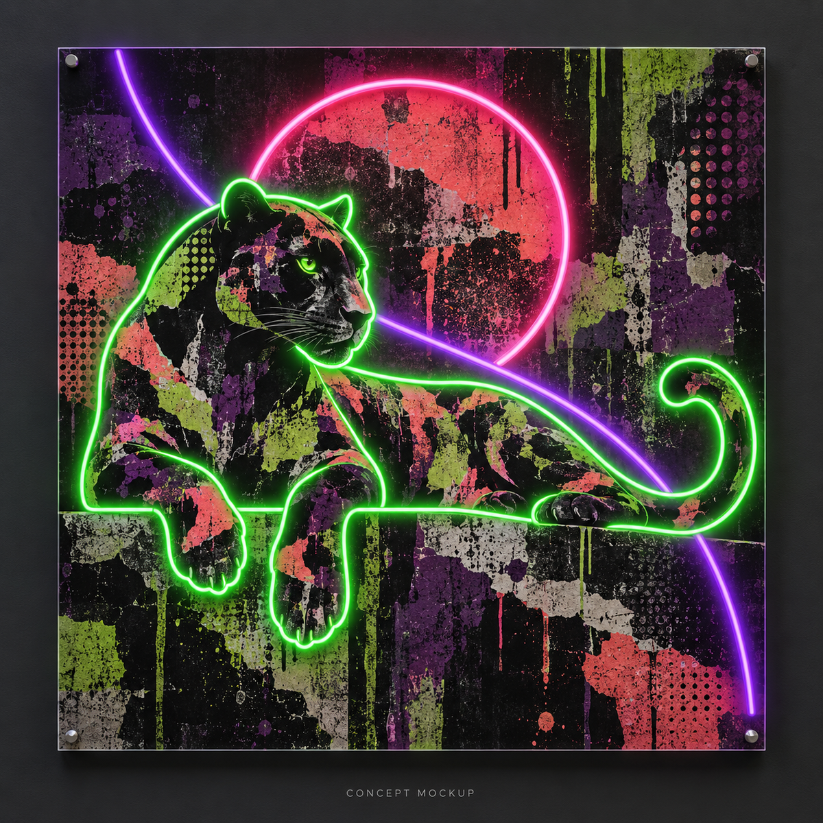 The Patchwork Panther UV-printed LED neon concept with Green / Pink / Purple accents