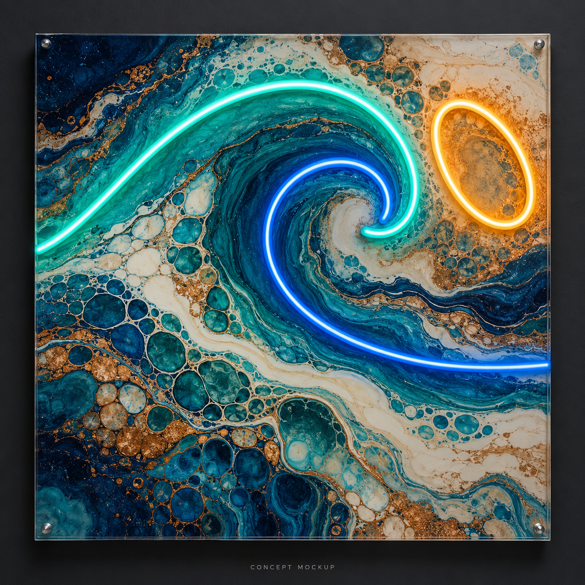 Tidepool Symphony UV-printed LED neon concept with Teal / Blue / Amber accents