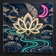 The Indigo Tapestry UV-printed LED neon concept with Warm White / Pink / Teal accents