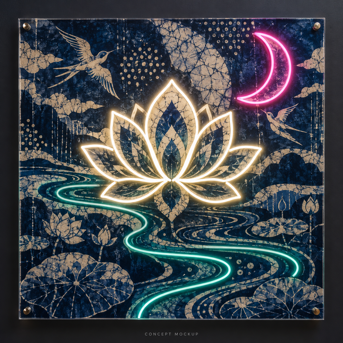 The Indigo Tapestry UV-printed LED neon concept with Warm White / Pink / Teal accents