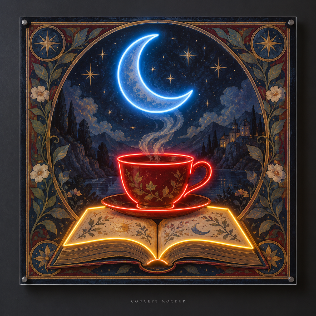 Lunar Tea Chapter UV-printed LED neon concept with Red / Ice Blue / Amber accents