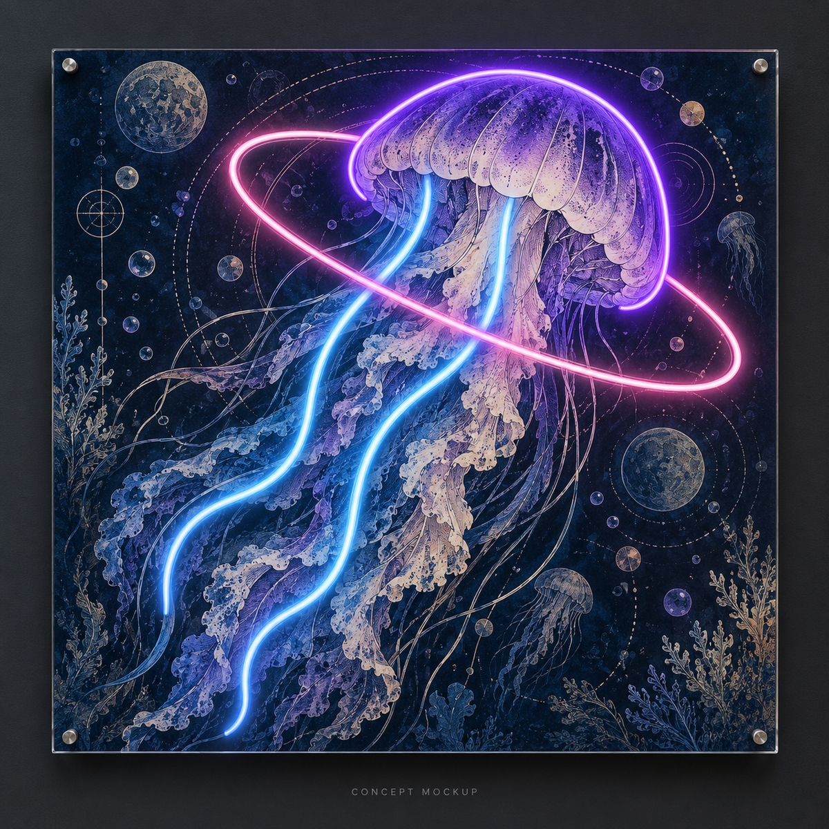 Jellyfish Orbit UV-printed LED neon concept with Purple / Ice Blue / Pink accents