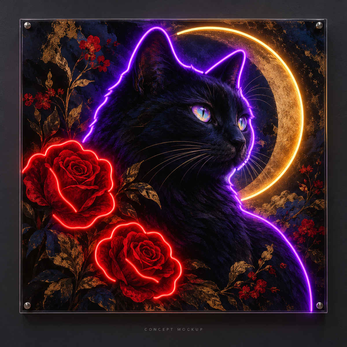Velour Midnight Cat UV-printed LED neon concept with Purple / Red / Amber accents