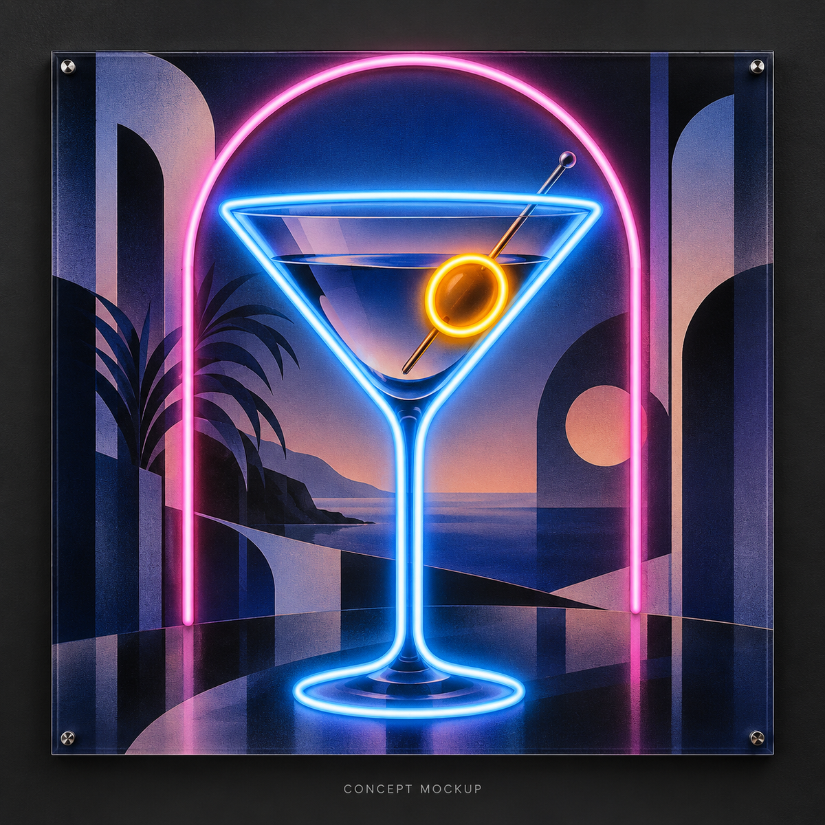 The Blue Hour Martini UV-printed LED neon concept with Ice Blue / Pink / Amber accents