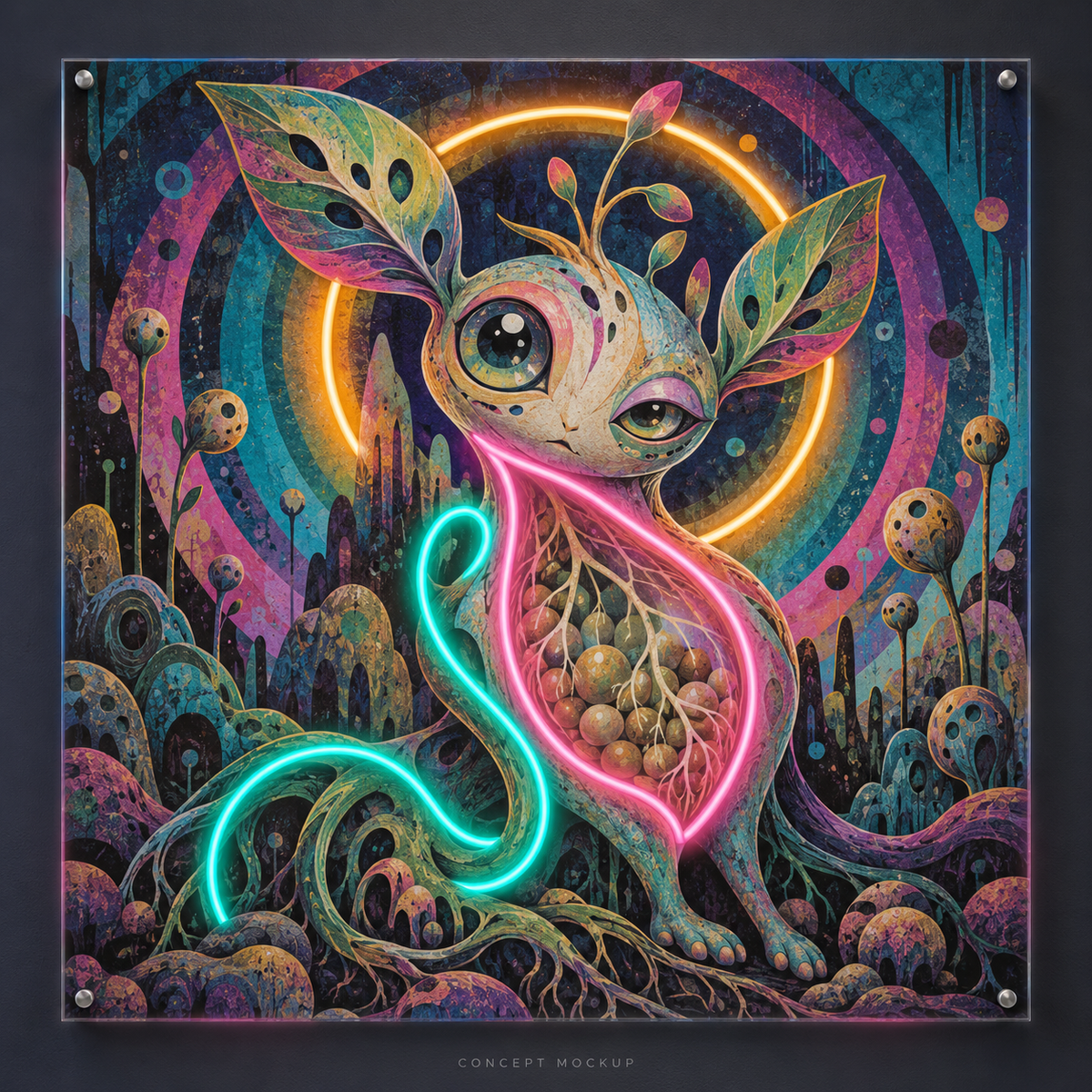 Chromatic Seed Keeper UV-printed LED neon concept with Pink / Teal / Amber accents