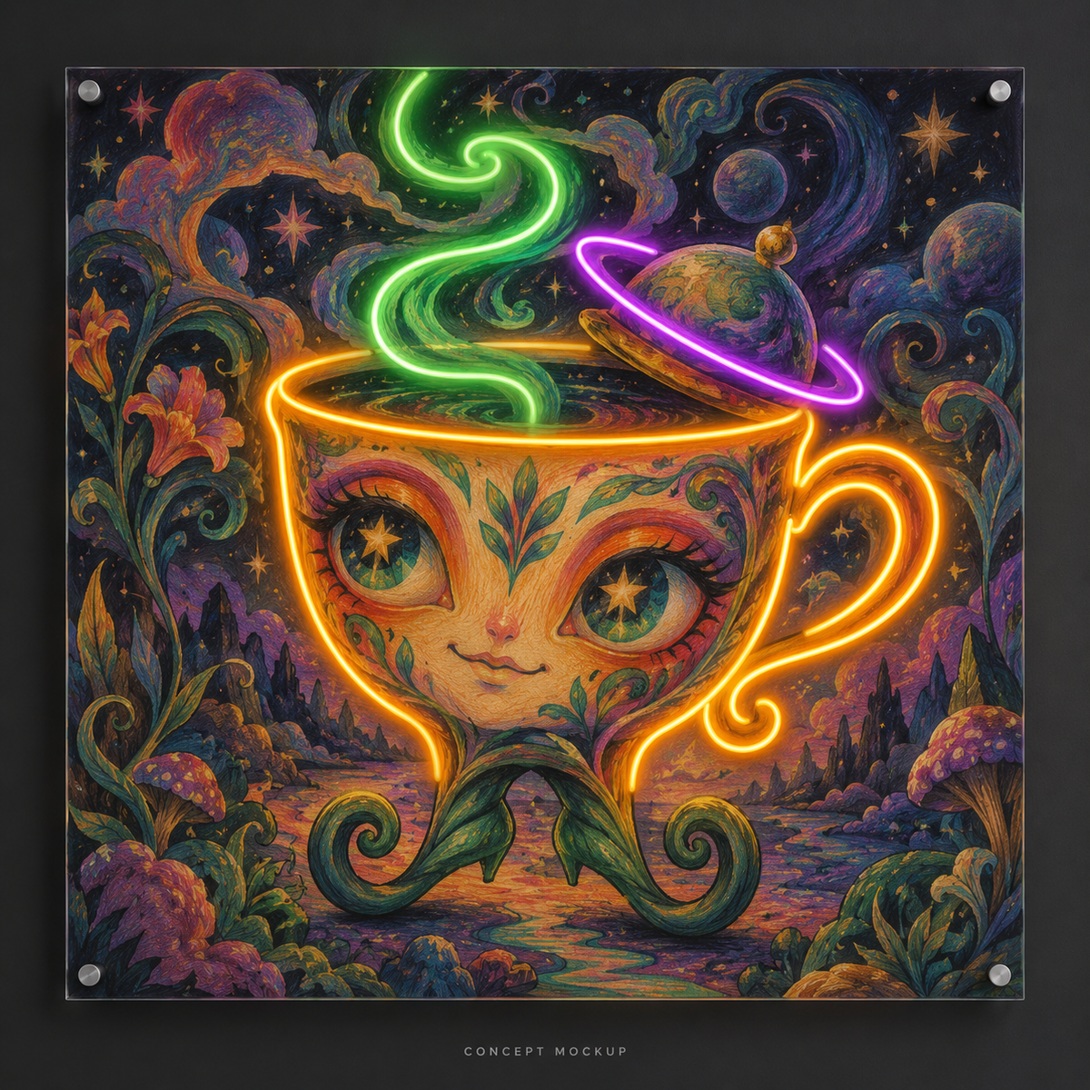 The Cosmic Tea Dreamer UV-printed LED neon concept with Amber / Green / Purple accents