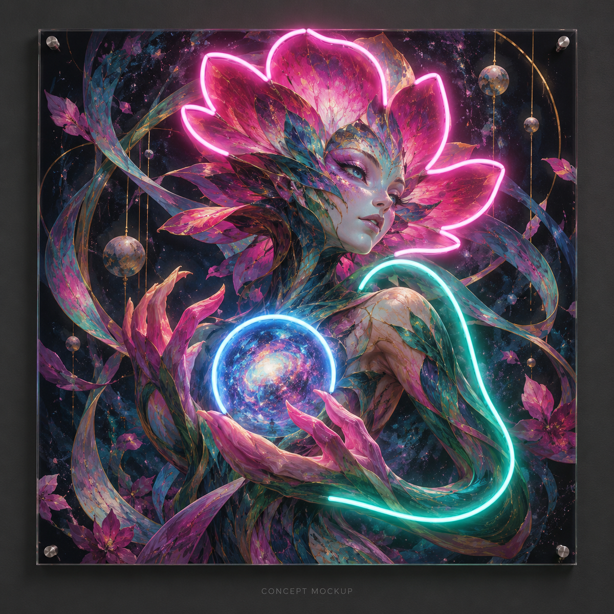 Nebula Bloom Keeper UV-printed LED neon concept with Pink / Ice Blue / Teal accents