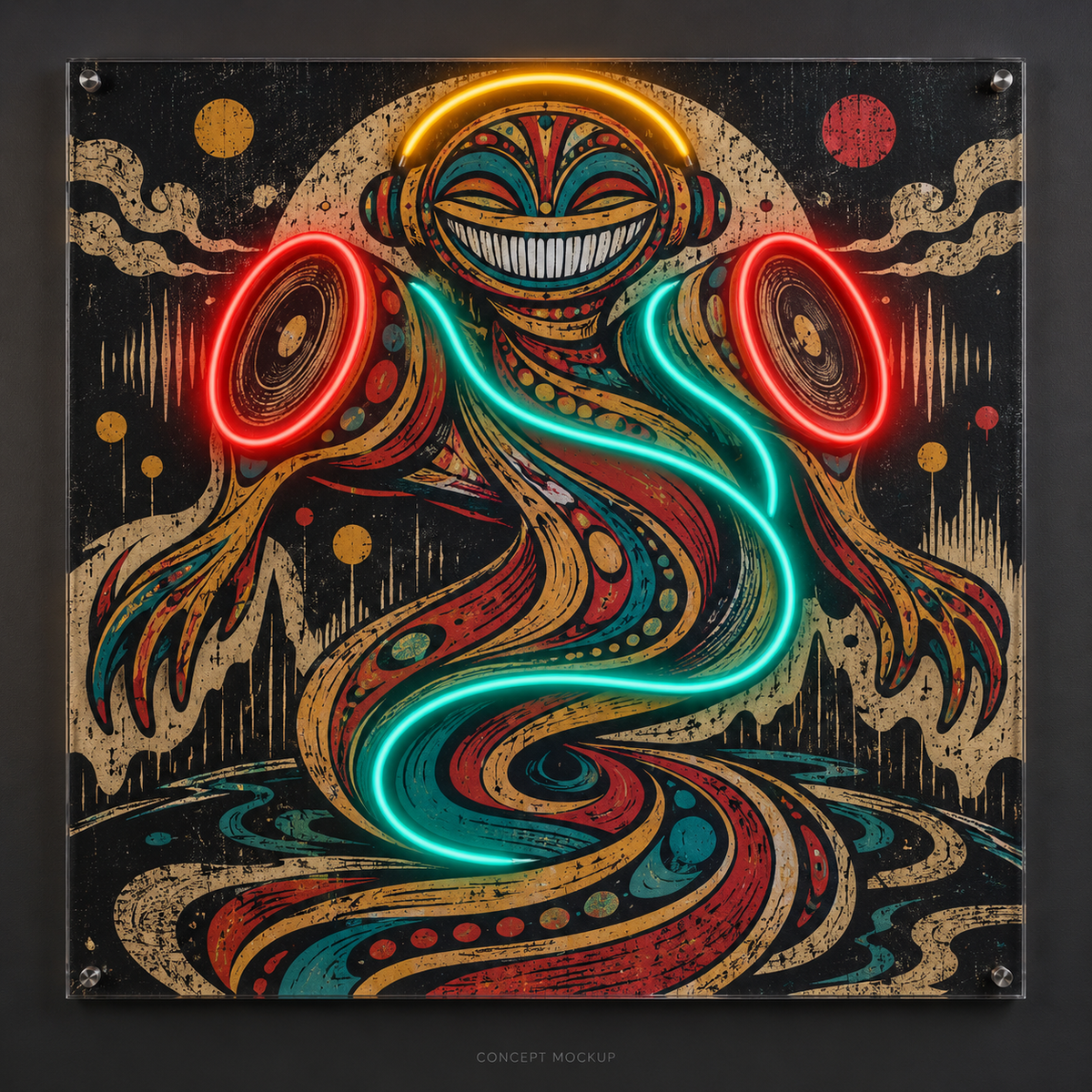 Spiral Sound Nomad UV-printed LED neon concept with Red / Teal / Amber accents