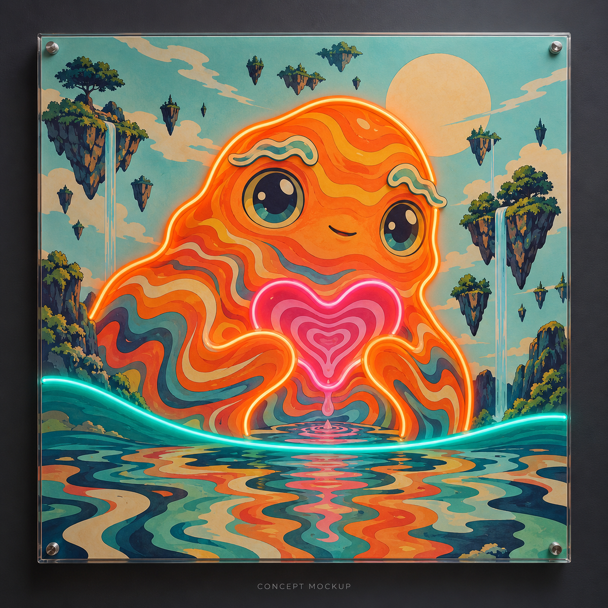 Sunrise Ripple Creature UV-printed LED neon concept with Orange / Pink / Teal accents