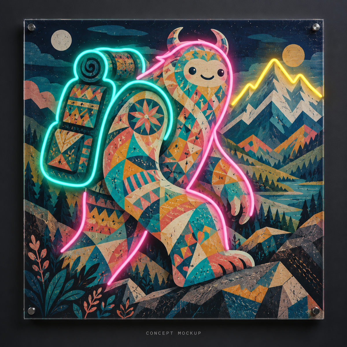 The Kaleidoscope Hiker UV-printed LED neon concept with Teal / Yellow / Pink accents
