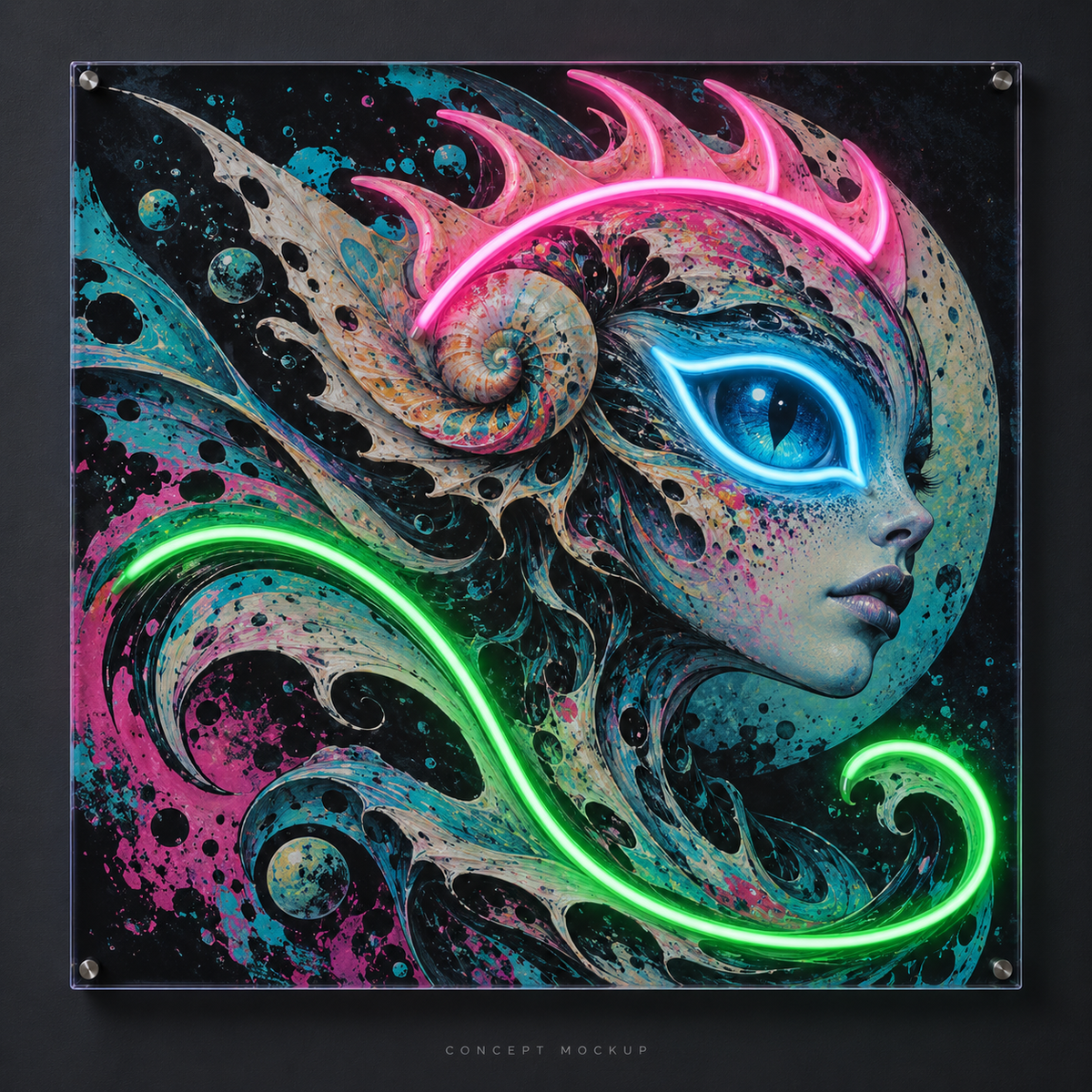 Ocean Pulse Oracle UV-printed LED neon concept with Ice Blue / Pink / Green accents