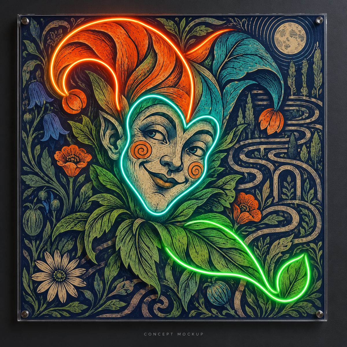 The Electric Garden Fool UV-printed LED neon concept with Orange / Teal / Green accents