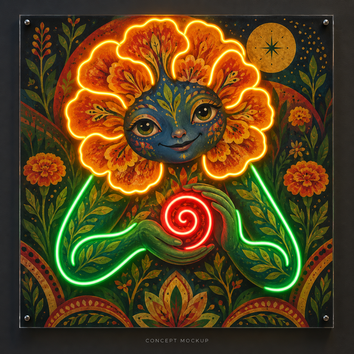 Marigold Frequency Friend UV-printed LED neon concept with Amber / Green / Red accents