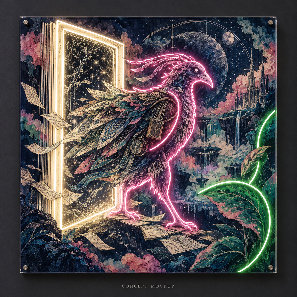 The Infinite Page Traveler UV-printed LED neon concept with Warm White / Pink / Green accents