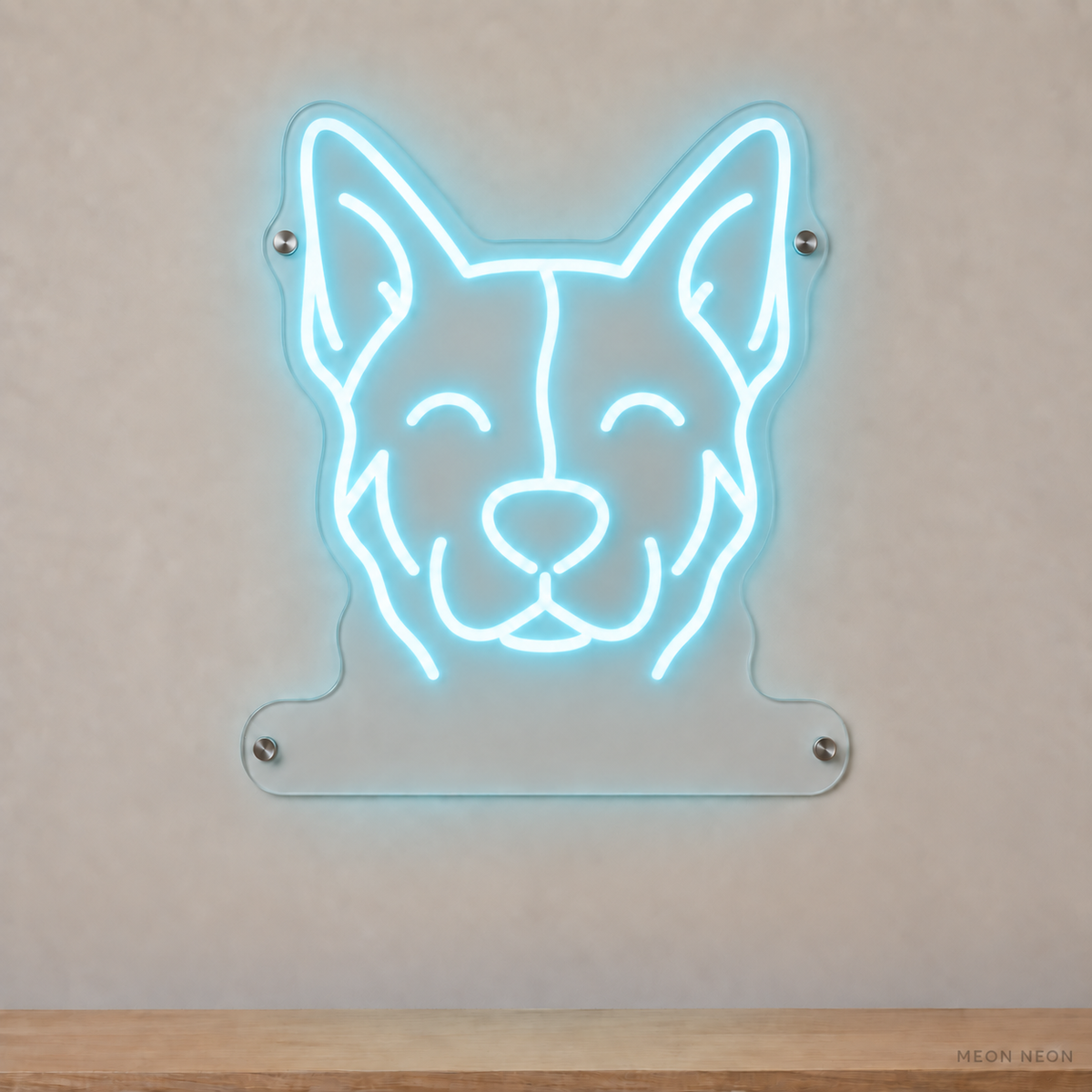 MEON NEON-watermarked concept mockup of a Ice Blue Australian Cattle Dog head LED neon sign with a blank acrylic area for a UV-printed breed caption or dog name.