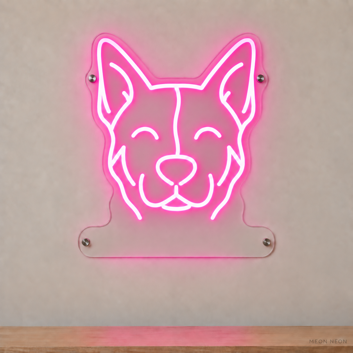 MEON NEON-watermarked concept mockup of a Pink Australian Cattle Dog head LED neon sign with a blank acrylic area for a UV-printed breed caption or dog name.