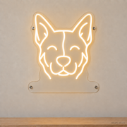 MEON NEON-watermarked concept mockup of a Warm White Australian Cattle Dog head LED neon sign with a blank acrylic area for a UV-printed breed caption or dog name.