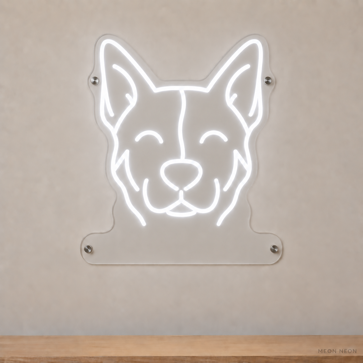 MEON NEON-watermarked concept mockup of a White Australian Cattle Dog head LED neon sign with a blank acrylic area for a UV-printed breed caption or dog name.