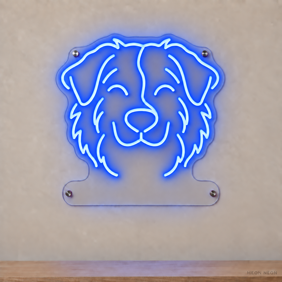 MEON NEON-watermarked concept mockup of a Blue Australian Shepherd head LED neon sign with a blank acrylic area for a UV-printed breed caption or dog name.