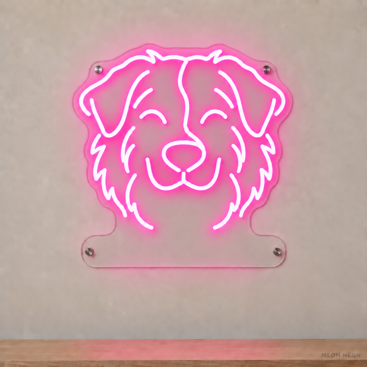 MEON NEON-watermarked concept mockup of a Pink Australian Shepherd head LED neon sign with a blank acrylic area for a UV-printed breed caption or dog name.