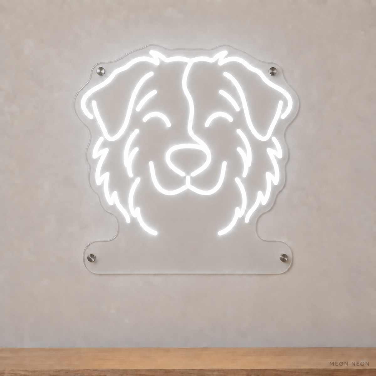 MEON NEON-watermarked concept mockup of a White Australian Shepherd head LED neon sign with a blank acrylic area for a UV-printed breed caption or dog name.