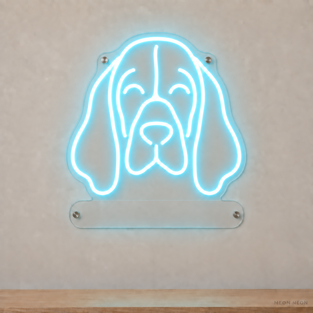 MEON NEON-watermarked concept mockup of a Ice Blue Basset Hound head LED neon sign with a blank acrylic area for a UV-printed breed caption or dog name.