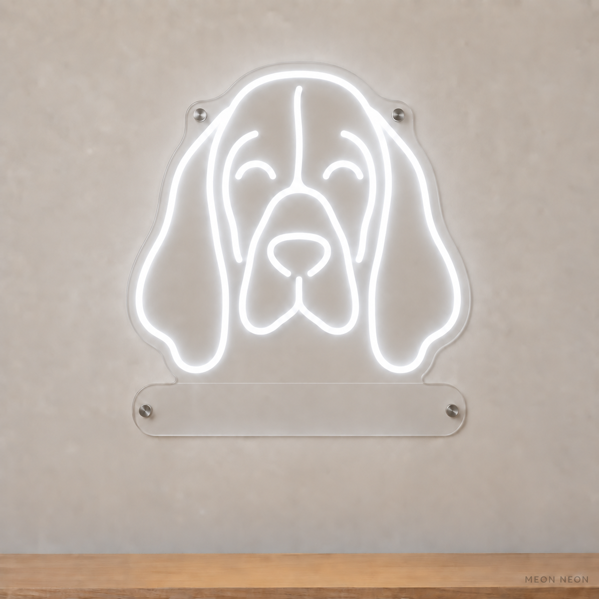 MEON NEON-watermarked concept mockup of a White Basset Hound head LED neon sign with a blank acrylic area for a UV-printed breed caption or dog name.