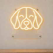 MEON NEON-watermarked concept mockup of a Warm White Beagle head LED neon sign with a blank acrylic area for a UV-printed breed caption or dog name.