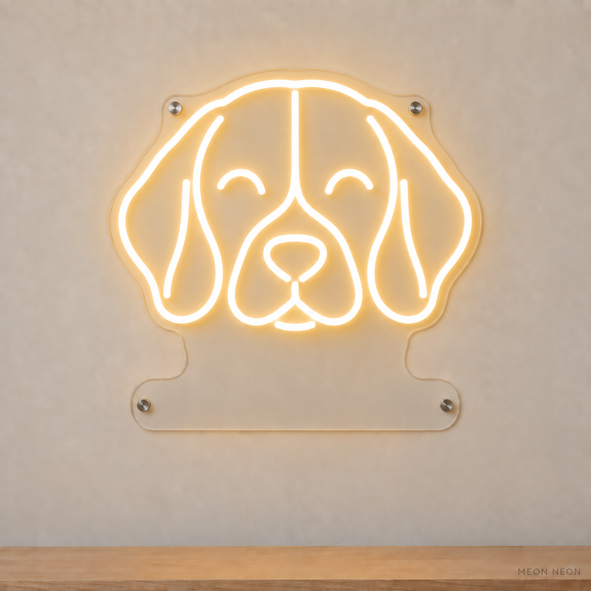 MEON NEON-watermarked concept mockup of a Warm White Beagle head LED neon sign with a blank acrylic area for a UV-printed breed caption or dog name.