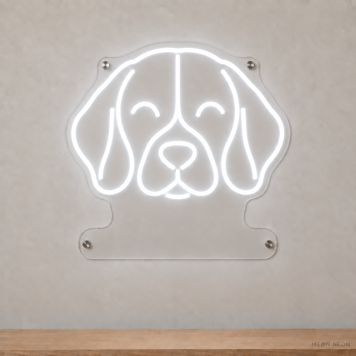 MEON NEON-watermarked concept mockup of a White Beagle head LED neon sign with a blank acrylic area for a UV-printed breed caption or dog name.
