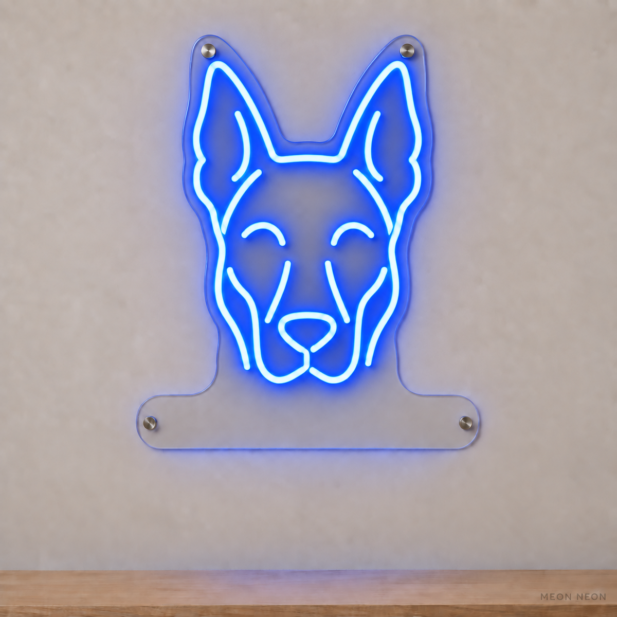 MEON NEON-watermarked concept mockup of a Blue Belgian Malinois head LED neon sign with a blank acrylic area for a UV-printed breed caption or dog name.